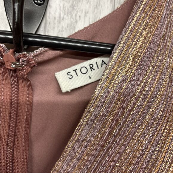 Womens Size S Storia Pink Gold Shimmer Ruffle Dress EUC - Picture 2 of 6